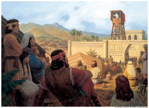 An artist's rendition of King Benjamin standing on a tower, addressing his people